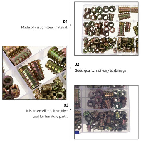 Heavy Duty Zinc Alloy T Nut Insert Kit For Woodworking And T Slot Track Applications, 120 Pcs Lock Nut Set in a compartment box