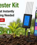 All In One Android Soil Tester With NPK PH Moisture EC Meter in use with smartphone in garden soil, showing display readings.
