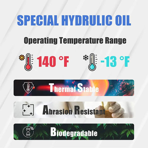 Special Hydraulic Oil features for Beefy 50 Ton Hydraulic Car Bottle Jack with temperature range from -13°F to 140°F, thermal stability.