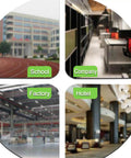 Collage of a school, company office, factory, and hotel interior, representing possible uses for a mobile broom and mop holder.