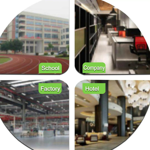 Collage of a school, company office, factory, and hotel interior, representing possible uses for a mobile broom and mop holder.