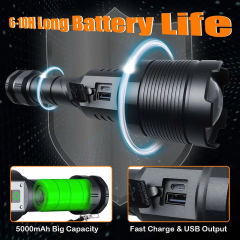 Ridiculously Bright Rechargeable LED Flashlight With Up To 200000 Lumens, featuring USB ports and battery life indicator