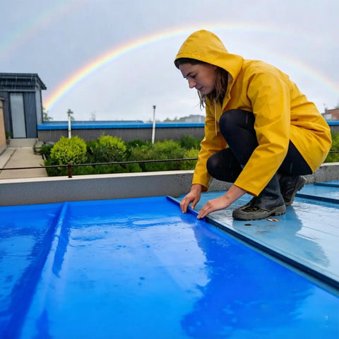 Heavy Duty Pro Grade Self Adhesive Roofing Tape And Lock Tight Leak Barrier RV Rubber Roof Underlayment applied by a woman in raincoat.
