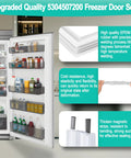 Front view of refrigerator door gasket replacement; open fridge shows interior shelves and teal feature panels.