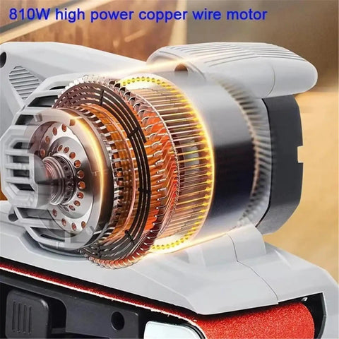 Heavy Duty Portable Tabletop Belt Sander And Polisher, 810W High Power Motor, close-up of copper wire motor detail.