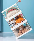Three Pack Clear Stackable Storage Bins With Lids Magnetic Doors Open Front Foldable Plastic Craft Containers 24 Qt With Toys