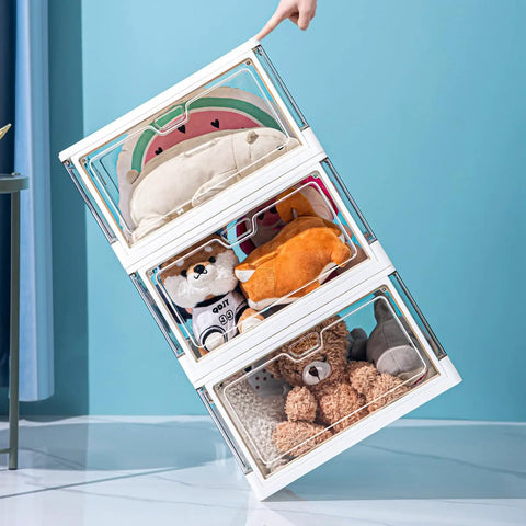 Three Pack Clear Stackable Storage Bins With Lids Magnetic Doors Open Front Foldable Plastic Craft Containers 24 Qt With Toys