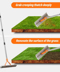 Product demonstration of 62 Inch Adjustable Thatch Rake With 19 Tines Nickel Steel For Lawn Dethatching And Soil Aeration Heavy Duty Workhorse Ergonomic Handle For Spring Yard Cleanup And Turf Renovation shown on grass.