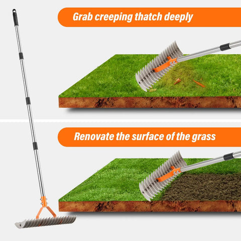 Product demonstration of 62 Inch Adjustable Thatch Rake With 19 Tines Nickel Steel For Lawn Dethatching And Soil Aeration Heavy Duty Workhorse Ergonomic Handle For Spring Yard Cleanup And Turf Renovation shown on grass.