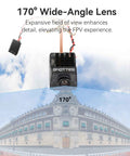 Spotter V2 FPV Camera And Transmitter Kit with 170° lens demonstrating wide field of view for RC drones, cars, boats, and planes.