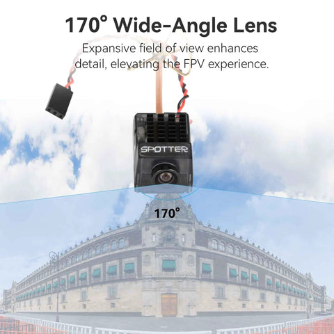 Spotter V2 FPV Camera And Transmitter Kit with 170° lens demonstrating wide field of view for RC drones, cars, boats, and planes.