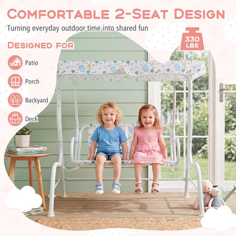 Two-Seater Kids Patio Swing With Adjustable Canopy, Safety Belt And Curved Armrests, Outdoor Hanging Bench with kids sitting