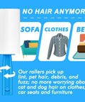 Extra Sticky Lint Roller Mega Value Set With 400 Sheets For Pet Hair Removal On Clothes Furniture And Carpet, Ideal For Dog And Cat Hair, Easy Tear Diagonal Peel Design for smooth rolling, shown with a blue handle and text highlighting its use on sofas, clothes, and beds.
