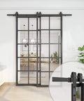 Bypass Double Glass Barn Door Kit With 6.6 Ft Hardware, 72 Inch By 84 Inch Clear Tempered Glass Panels in aluminum frame installed