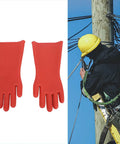 Heavy Duty Electrical Insulated Gloves Class 00 12KV 1.8mm Thick Rubber With Tough As Nails Protection For Electrician Repair And Line Workers - Red gloves with textured grip next to a worker on a pole.