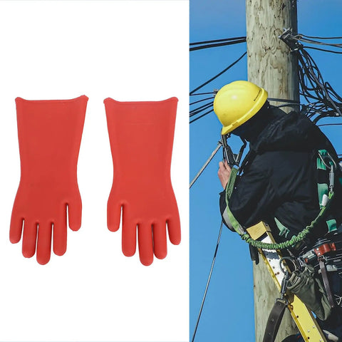 Heavy Duty Electrical Insulated Gloves Class 00 12KV 1.8mm Thick Rubber With Tough As Nails Protection For Electrician Repair And Line Workers - Red gloves with textured grip next to a worker on a pole.