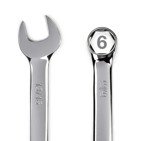 SAE 13 Piece 6 Point Combination Wrench Set With Full Polish Chrome Finish Includes 13/16 inch sizes, heat treated, stamped callouts