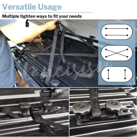 Person securing rooftop gear with Four Pack Roof Box U Bolt Clamps Heavy Duty Mounting Kit For Cars And Vans 85mm Inner Width Metal U Bracket Clips With Eight Lock Nuts And Two Straps Keeps Your Rooftop Gear Locked In Place