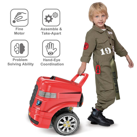 Child with a Big Truck Engine Toy For Kids Aged 3 To 8 With Take Apart Mechanic Repair Set 58-Piece Builder Kit