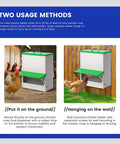Heavy Duty Metal Chicken Feeder For Backyards shows ground and wall hanging methods for poultry feeding, steel design holds 25 lbs of feed.