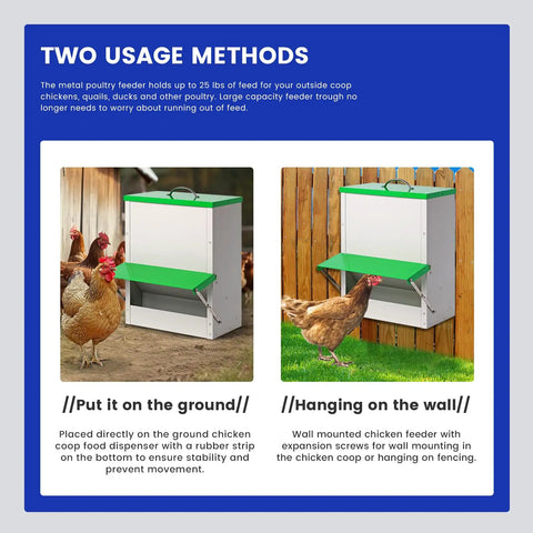 Heavy Duty Metal Chicken Feeder For Backyards shows ground and wall hanging methods for poultry feeding, steel design holds 25 lbs of feed.