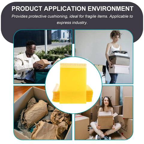 Waterproof Bubble Mailers 25 Pack 28x37 cm Plus 6 cm Thick Self Adhesive Padded Envelopes, yellow packaging with multiple uses depicted