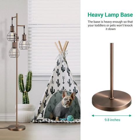 Industrial Dimmable Floor Lamp With 3 LED Bulbs Included, Rustic Tree Style Standing Lamp For Living Room Bedroom And Office, 65 Inch Tall, Stepless Dimmer Rotary Switch, Farmhouse Brown Vibe