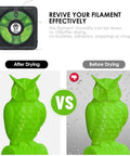 Comparison of 3D printed owl before and after using 3D Printer Filament Dryer Box with Fan showing improved quality after drying.