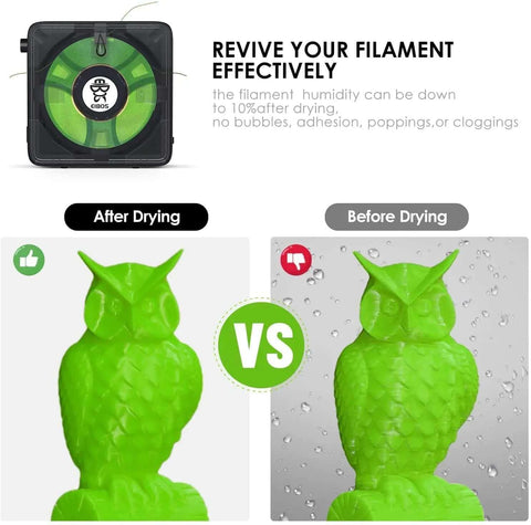 Comparison of 3D printed owl before and after using 3D Printer Filament Dryer Box with Fan showing improved quality after drying.