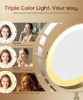 Triple color light feature on Dual Sided LED Makeup Mirror With 1X/20X Magnification, Star Projector Light, Adjustable Brightness.