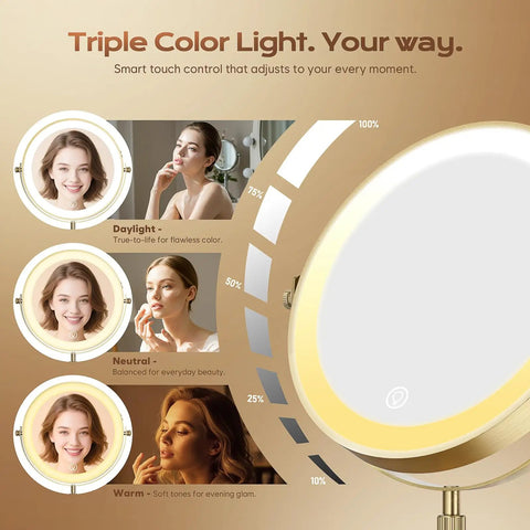 Triple color light feature on Dual Sided LED Makeup Mirror With 1X/20X Magnification, Star Projector Light, Adjustable Brightness.