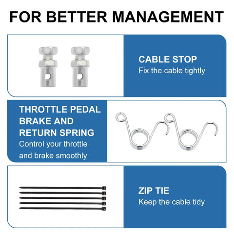 75 Inch Heavy Duty Universal Throttle Cable Kit components for Predator 212cc 196cc GX160 GX200 VM22 VM24 engines, parts view