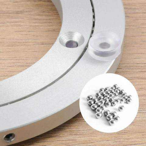 Close-up of Top Shelf Aluminum Alloy 4 Pack Lazy Susan Turntables with bearing balls for smooth spin action.