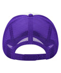 Back view of I Hate Pulling Out Funny Camper RV Camping Trailer Mesh Trucker Hat with purple mesh and adjustable strap.