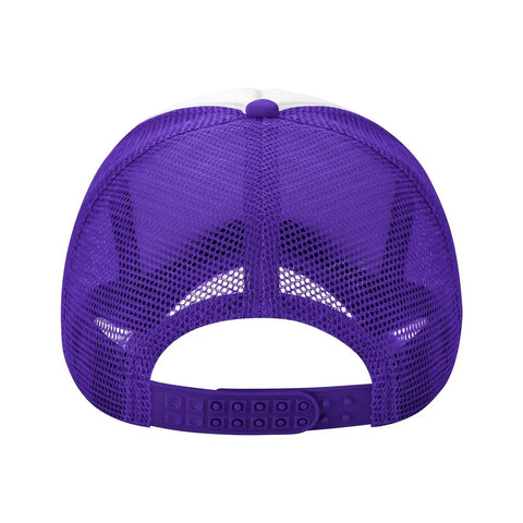 Back view of I Hate Pulling Out Funny Camper RV Camping Trailer Mesh Trucker Hat with purple mesh and adjustable strap.