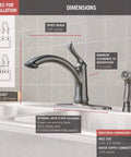Linden Single-Handle Kitchen Faucet With Side Sprayer In Brushed Nickel detailing dimensions and installation options.