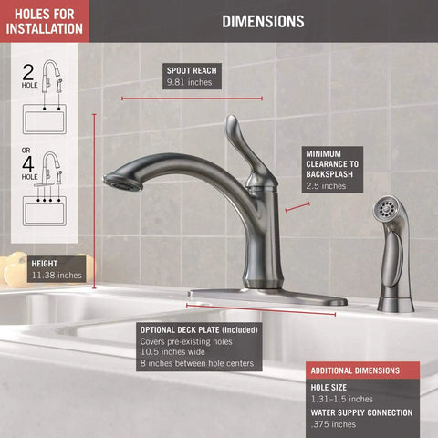 Linden Single-Handle Kitchen Faucet With Side Sprayer In Brushed Nickel detailing dimensions and installation options.