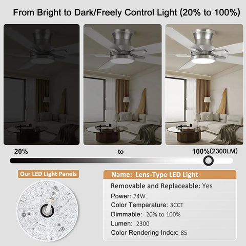 52 Inch Flush Mount Brushed Nickel Ceiling Fan With Light And Remote, showing dimmable LED range from dark to bright