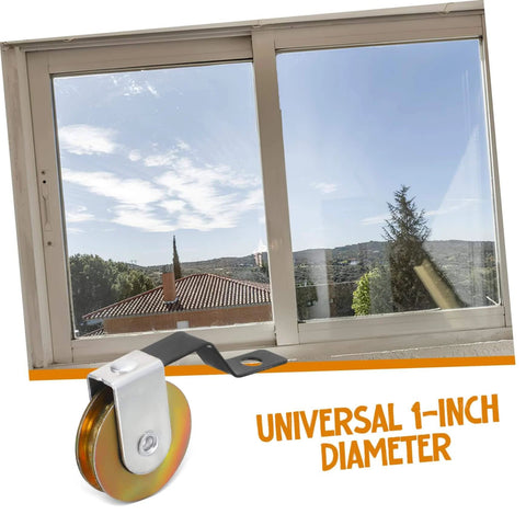 Four Pack Sliding Door Wheel Replacement Kit With Hanging Screen Rollers, 1-inch diameter, shown with window view.