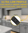 Black 3 Foot Hardwired Power Strip With 6 Tamper Resistant Outlets 2000 Series Plugmold installed under kitchen cabinet