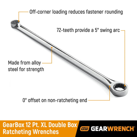 Gearbox XL Ratcheting Wrench 12 Piece Metric with extra long alloy steel beam, non-ratcheting offset heads for leverage