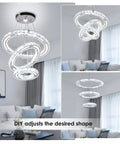Lit Modern Crystal Chandelier DIY 3 Ring Dimmable Pendant Light With Remote LED Ceiling Fixture in living room view