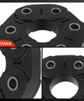 Drive shaft flex joint coupler with bolts, black metal, front view showing four bolt holes around the bore
Side view of black drive shaft coupling with curved housing and mounting bolt holes
Close-up of bolt-hole recesses and inner bore on black flex joint coupling