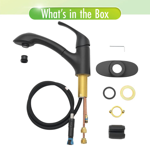 Pull-Out Laundry Faucet With Single Handle, 4.0 GPM Flow, Deckplate, Matte Black Finish, installation parts shown