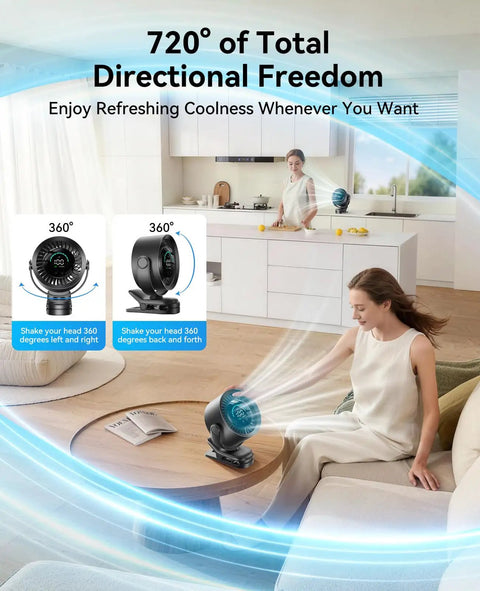 Woman enjoying Powerful Clip On Desk Fan With USB Rechargeable Battery 9000 RPM Turbo Airflow Beast 360 Degree Rotation in living room.