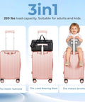 3-in-1 20 Inch Ride On Luggage For Kids And Adults With Safe Seat, Hardside Carry On Case, TSA Lock, shows suitcase, base, and stroller.