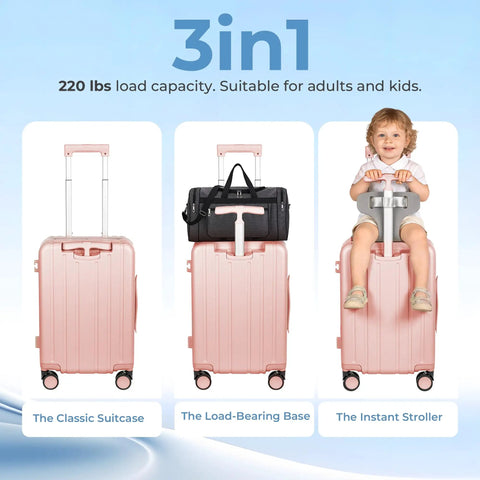 3-in-1 20 Inch Ride On Luggage For Kids And Adults With Safe Seat, Hardside Carry On Case, TSA Lock, shows suitcase, base, and stroller.