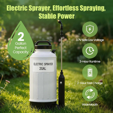 Rechargeable 2.11 Gallon Garden Sprayer With USB Powered Handle 2200mAh Battery Long Runtime on grass with icons