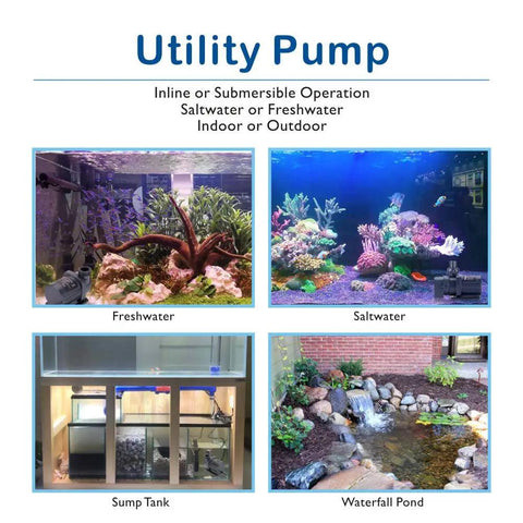 Collage of aquarium and pond setups for 24V DC Inline Submersible Saltwater Aquarium Pump With External Controller use