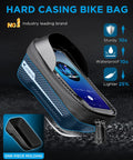 Waterproof Bike Frame Bag With 3D EVA Hard Shell And Sealed Zipper shown with blue phone inside and branded features displayed.